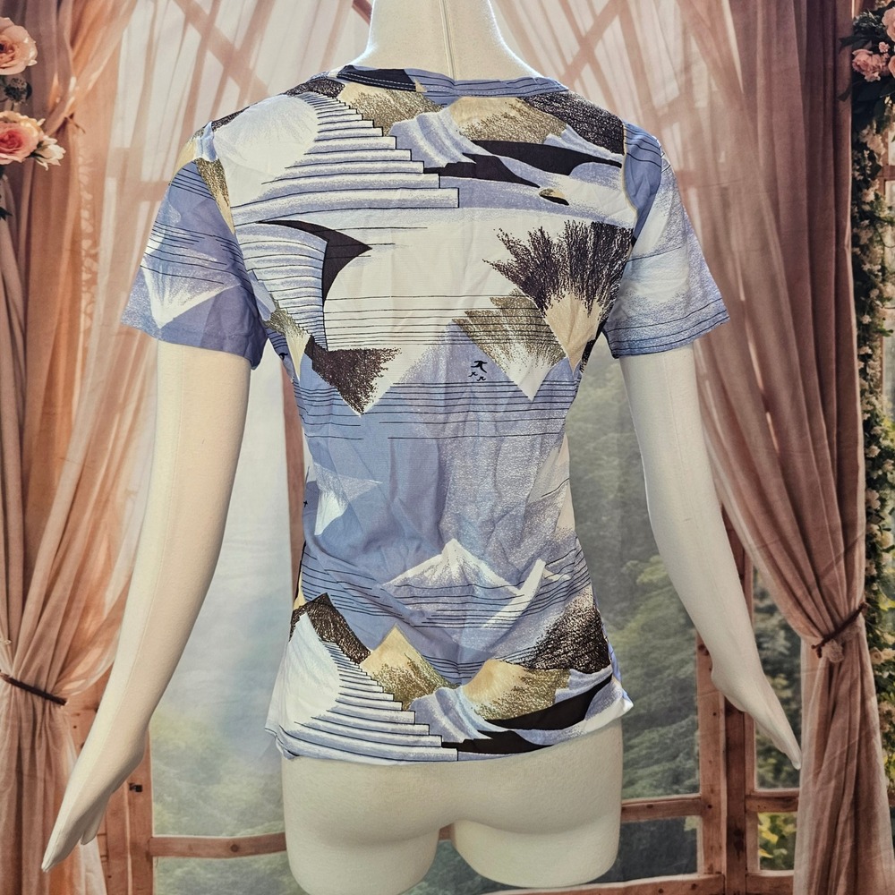 Vintage 1970s Top Shirt Merville Blue Beige Scenic Mountain Print Crew Neck - Picture 6 of 12